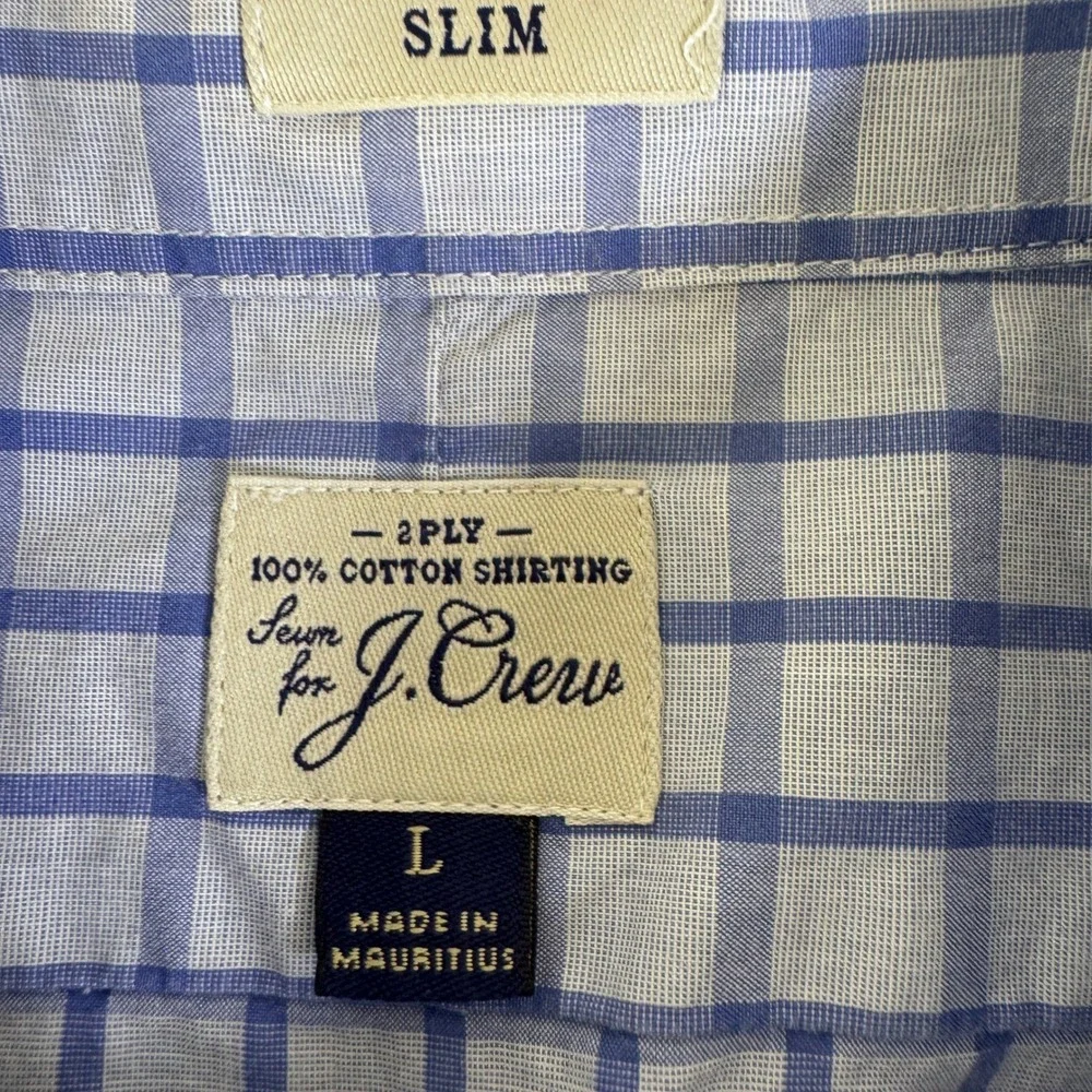 J.CREW Slim Fit Shirt L 2-Ply Cotton Blue White Grid‎ Windowpane Office Preppy